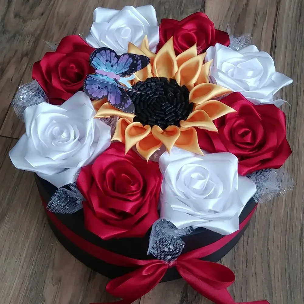 Satin Ribbon Eternity Roses Handmade Rose Box Floral Arrangement (Round BlackBox